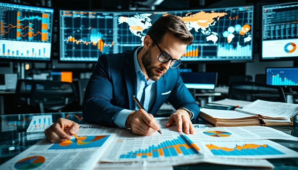 Analyst reviewing economic data and political headlines